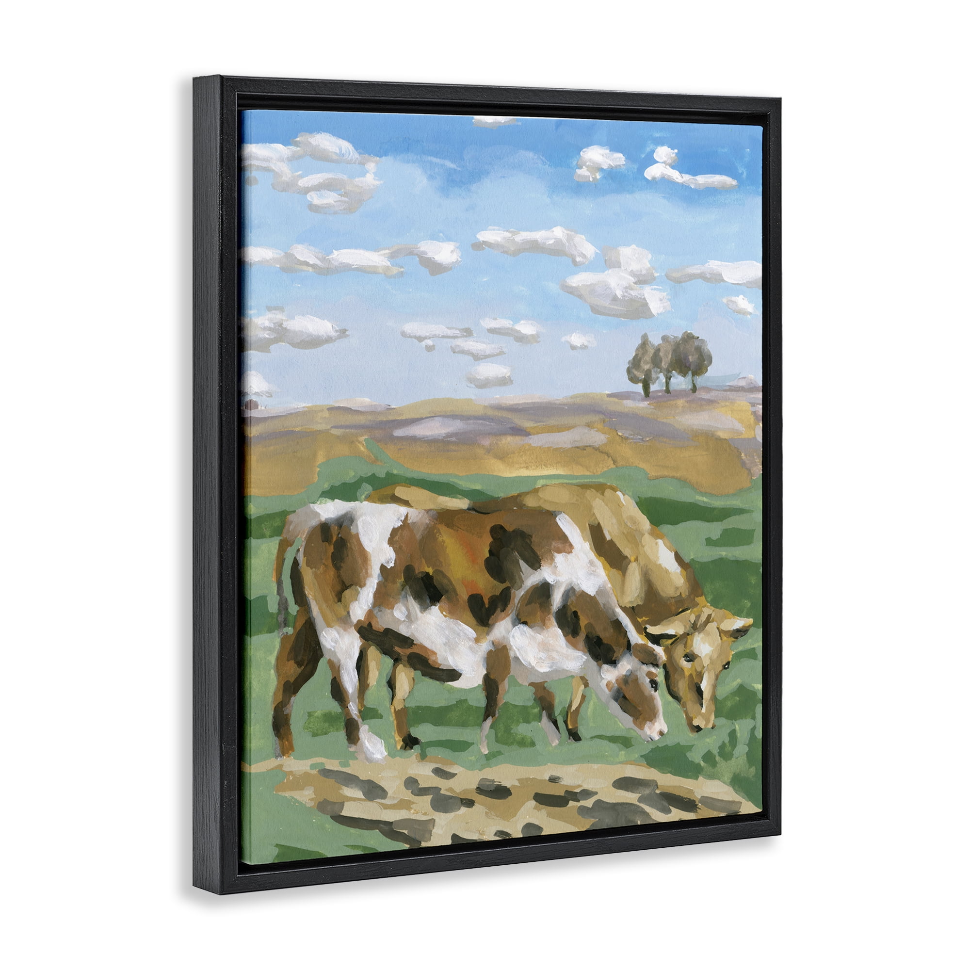 Stupell Industries Cattle Pair in Farmland Animals Painting Black Floater Framed Canvas Art Print Wall Art, 25 x 31