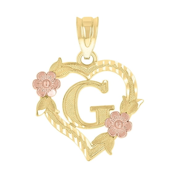 10k Two-Tone Gold Womens Heart Flower Initial Letter G Charm Pendant
