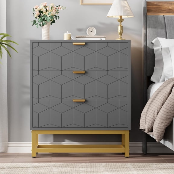 EastVita Modern 3 Drawer Dresser Wide Chest with Gold Metal Legs and Handles Wood Storage Organizer for Bedroom Living Room Hallway Grey