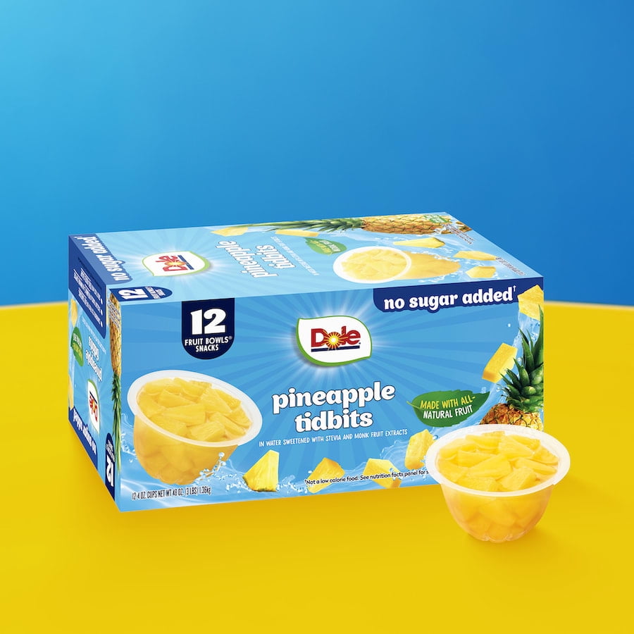 Dole Fruit Bowls No Sugar Added Pineapple Tidbits, 4 oz Cups (12 Pack)