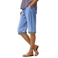 thumbnail image 4 of VBVC Women's Cotton Linen Striped Cuffs Capri Pants , Wide Leg Summer Trousers For Women , Ladies' Knee Length Shorts with Pockets, *Blue , Large, 4 of 5