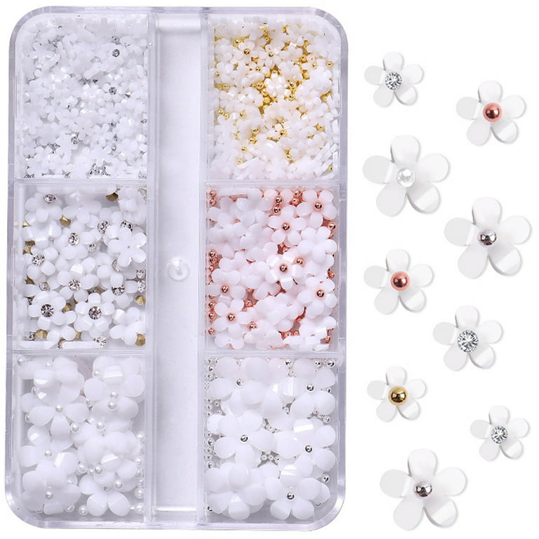 Camouflage Net 3D Flower Nail Charms Kit 6 Grids Flower Nail Art Kit 3D Resin Floral Nail Flakes Kit DIY Flowers Nail Pearls Rhinestones Beads Decoration for Nail