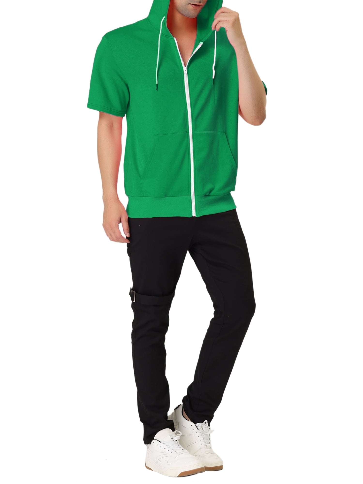 Unique Bargains Men's Short Sleeve Solid Color Zip Up Sport Hoodies M Bright Green