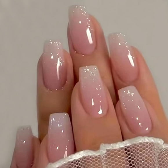 Medium Press on Nails, Ombre Pink Nails Press on Square Fake/False Nails with Glitter Powder Press ons Designs Gloss Acrylic Artificial Nails Stick on Nails for Women 24pcs