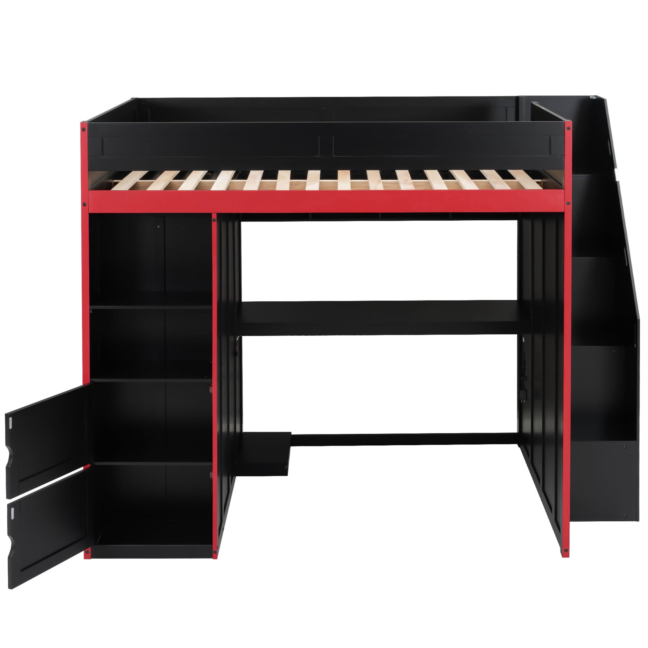Noble House Mira Full Gaming Loft Bed, Desk with Storage Locker & LED Lights, Solid Wood Frame, Black and Red