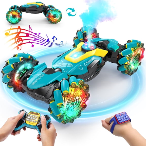 DEERC Gesture Sensing RC Stunt Car with Fog Mist & Music, 4WD Hand Controlled Remote Control Drift Car Toy for Kids, All Terrain Off-Road Double-Sided Driving with Lights, Birthday Gift for boy