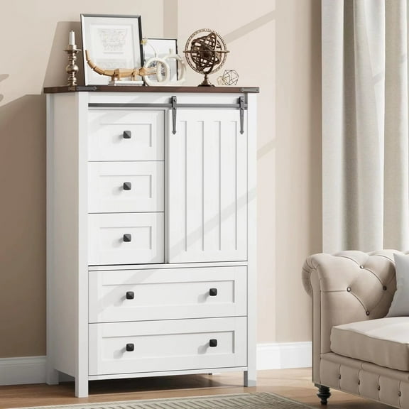 Dresser for Bedroom with Storage, 48" Modern Dressing Table, Wooden Dresser with 5 Drawers, Simple Style and Effortless Barn Door Design for Living Room, Bedroom, Hallway