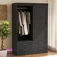 thumbnail image 5 of 70" Tall Wardrobe Closet with Hanging Rod, Freestanding Wardrobe Clothes Cabinet with Drawers and Sliding Barn Door, Clothing Storage Cabinet for Bedroom, Laundry Room, Cloak Room, Black, 5 of 7