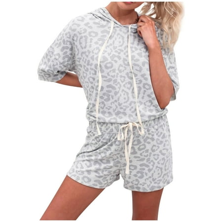 

Daqian Plus Size Womens Pajamas Clearance Women s Hooded Drawstring Leopard Print Crewneck Short-sleeved Nightdress Two-piece Set Pajamas for Women Clearance Gray 10(XL)