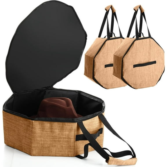 2 Pcs Cowboy Hat Box for Storage Collapsible Sturdy Cowboy Hat Case with Handle for Men and Women Travel Storage Organizer Large Cap Bag for Closet (Brown)
