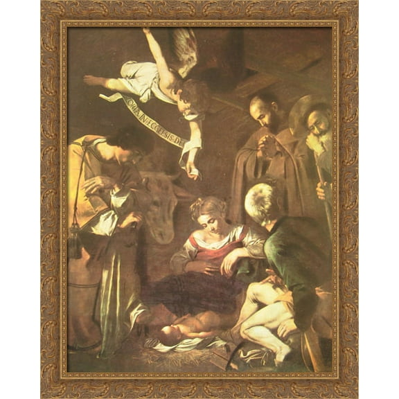 Nativity with St. Francis and St. Lawrence 28x36 Large Gold Ornate Wood Framed Canvas Art by Caravaggio