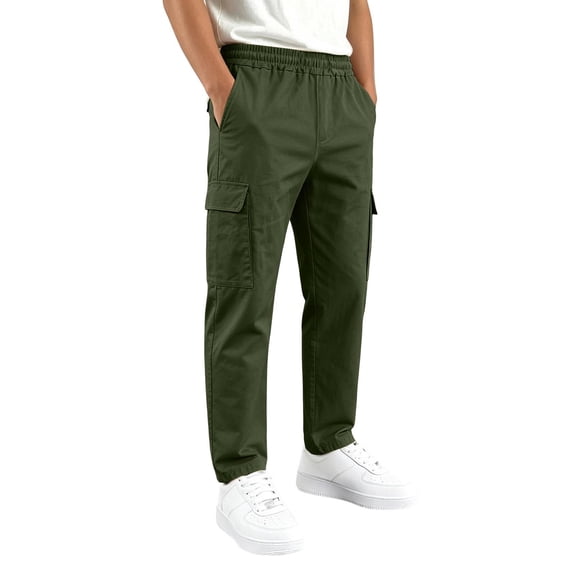 CONZONE Kids Boys Uniform Cargo Pants Wide Leg Baggy Chino Pants for Boys Elastic Waist Back To School Outdoor Joggers with Pockets