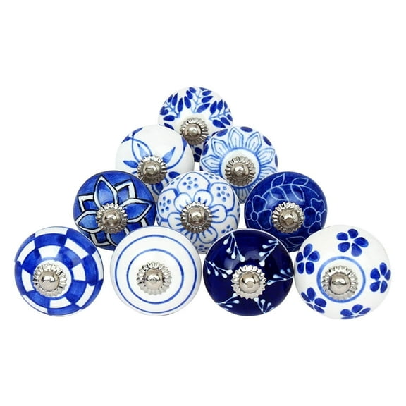 Ajuny Set of 10 Ceramic Knobs Blue and White Handmade for Kitchen Cabinets Furniture Door Cupboards Dresser Drawers Chest Glossy Finishing Handles Pull Decorative Knobs