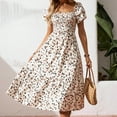 thumbnail image 4 of cocolona Womens Summer Boho Floral Print Long Dress Fashion Square Neck Short Sleeve Waisted Pleated Ruffle Flowy Sun Dress, 4 of 6