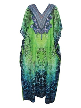 Mogul Womens Kimono Caftan Vibrant Shades Digital Print V-Neck Blue Green Bikini Beach Cover Up Georgette Evening Dress ONE SIZE