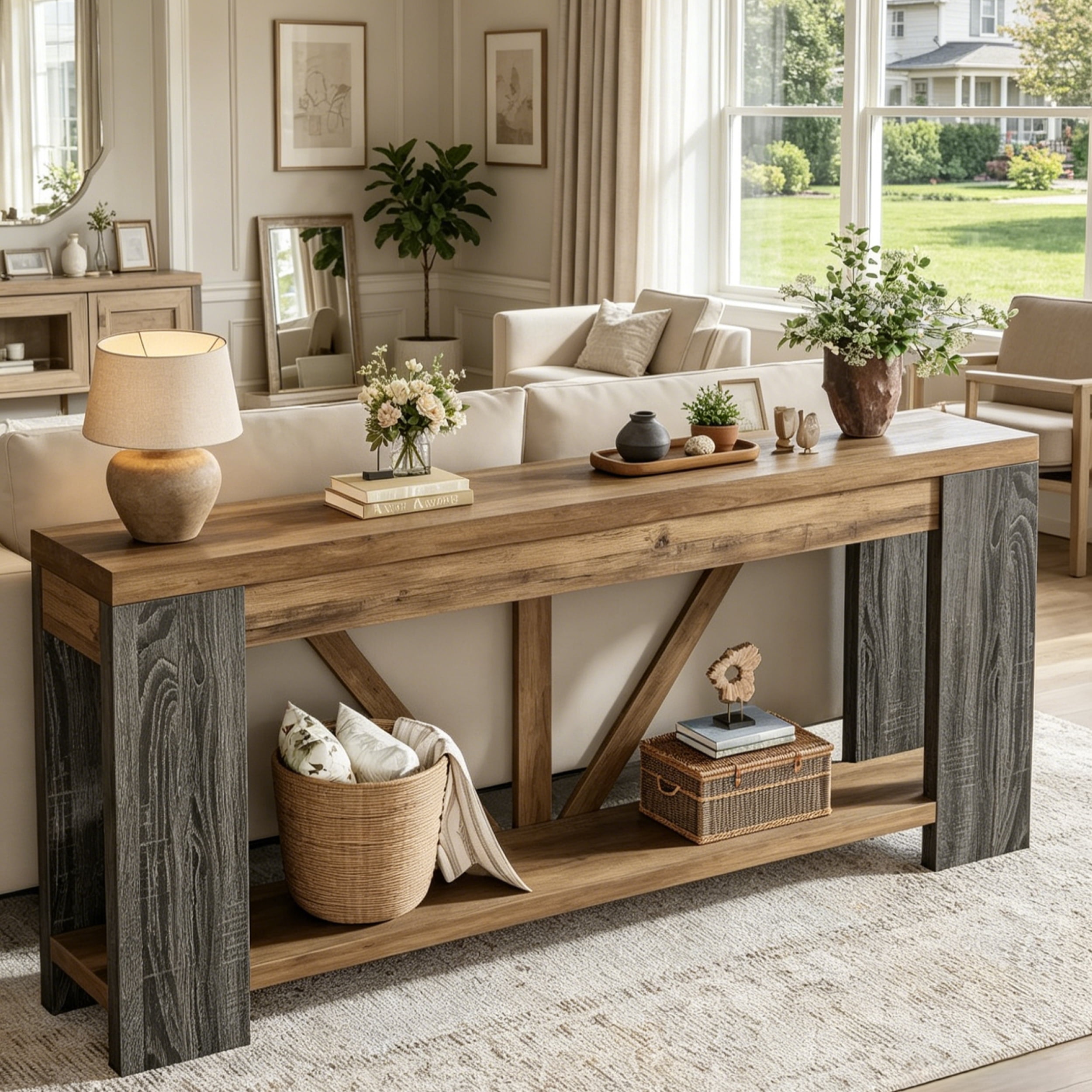Fnova 70.9" Console Table, 2-Tier Farmhouse Entryway Table, Narrow Long Wood Sofa Table Behind Couch with V-Shaped Support for Living Room, Hallway, Foyer