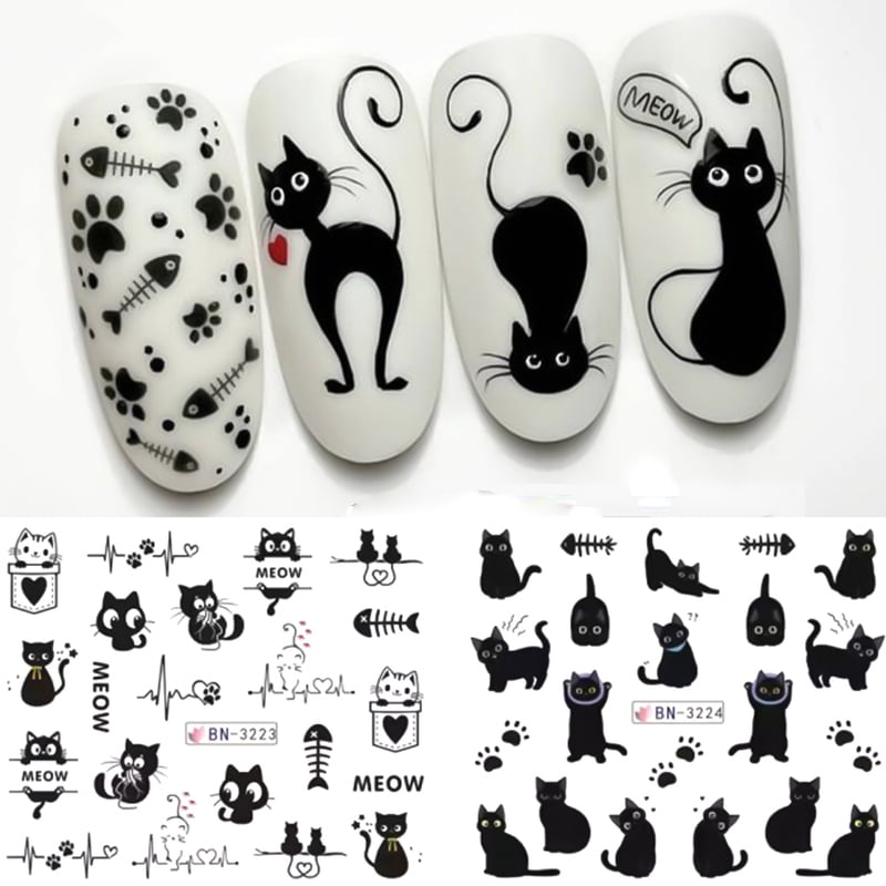 12pcs Cartoon Cute Cat Stickers For Nails Star Flower Bow Nail Water Decals Sliders Korean Japanese Nail Art Manicure Decoration
