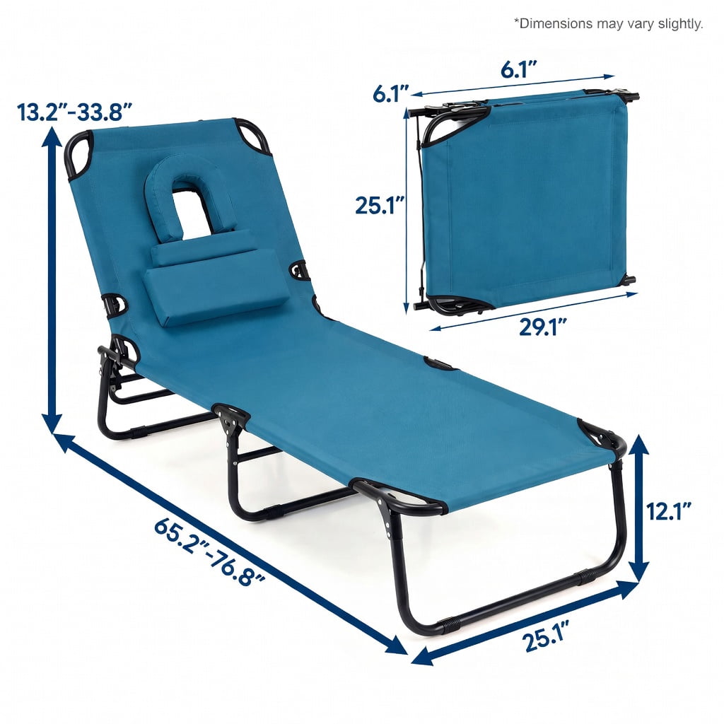 Hommoo Folding Face-Down Tanning Chair with Adjustable Backrest, 3 Removable Pillows & Face Hole, Blue