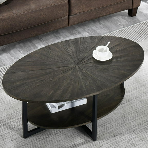 JESONVID Solid Wood Oval Coffee Table with Cross Metal Legs, 43.3" 2-Tier Modern Industrail Center Table with Open Shelf Polished Edging Cocktail Tea Table for Living Room Bedroom Home, Rustic Black