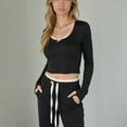 thumbnail image 3 of Lounge Women's Lace Trim Long Sleeve Lounge Top and Jogger Pants Pajama Set with Drawstring Waist - Medium, Black, 3 of 7