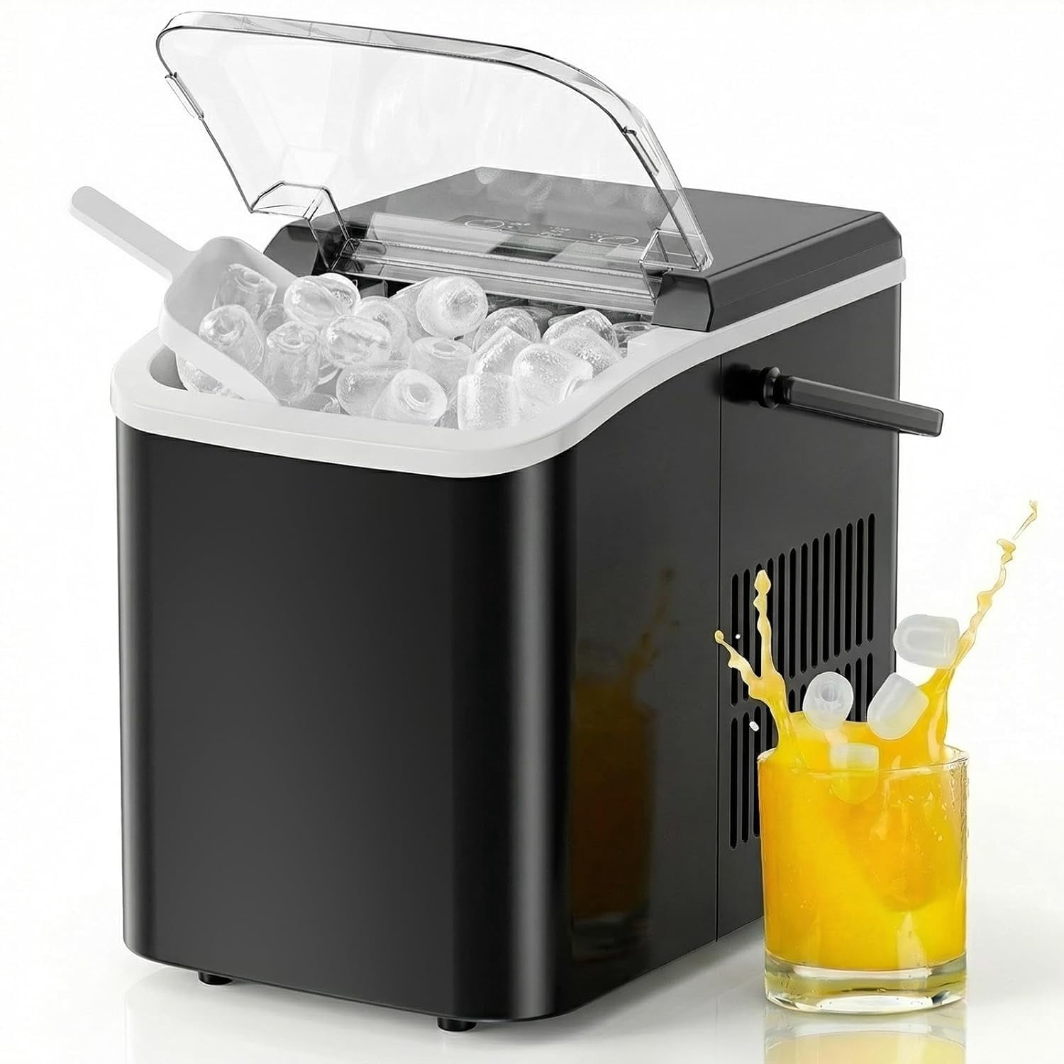 This countertop ice maker with a handle is portable and makes 9 bullet-shaped ice cubes in 6 minutes. It produces 26 pounds of ice in 24 hours, features automatic cleaning, and comes with a strainer