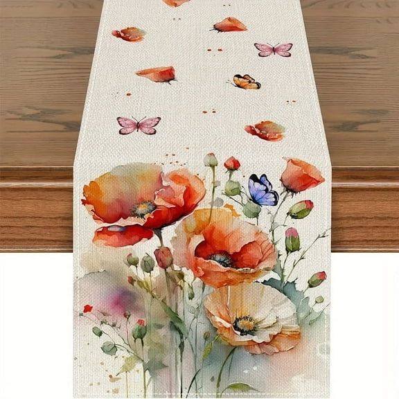 Watercolor Poppy Table Runner, Floral Butterfly Design, Decorative Dining Room Table Decor,13*72in