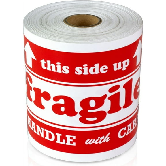 600 Labels, 2 Rolls - This Side UP Sticker Labels - Red & White 4 x 6 inch, Fragile Labels for Mailing Carriers & Handling