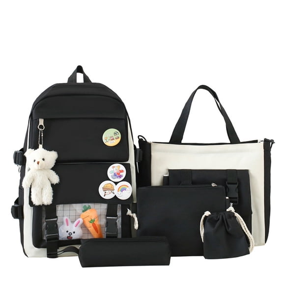 Weebloom 5Pcs School Backpack For Kids Boys Girls Cute Stylish Daypack 5 Piece Large Bookbag Elementary Middle School Black