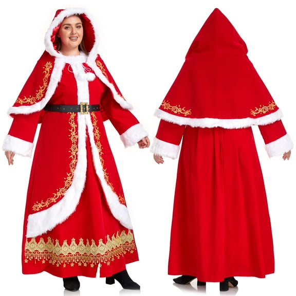 Mrs Claus Costume for Women Christmas Santa Costume Dress Adult Plus Size Miss 3PCS Red Cosplay Outfit Xmas Party