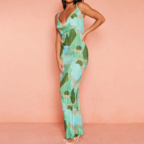 Vestido Vestido largo con estampado floral Sin espalda Vestido ajustado con tirantes para mujer Traje de vacaciones sexy Kuymtek Verde T L para Mujer