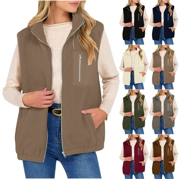 Ashirexll Womens Vests Outerwear, Womens Winter Coats, Fall Winter Sleeveless Coat Zip Up Warm Fleece Fuzzy Jacket with Pockets