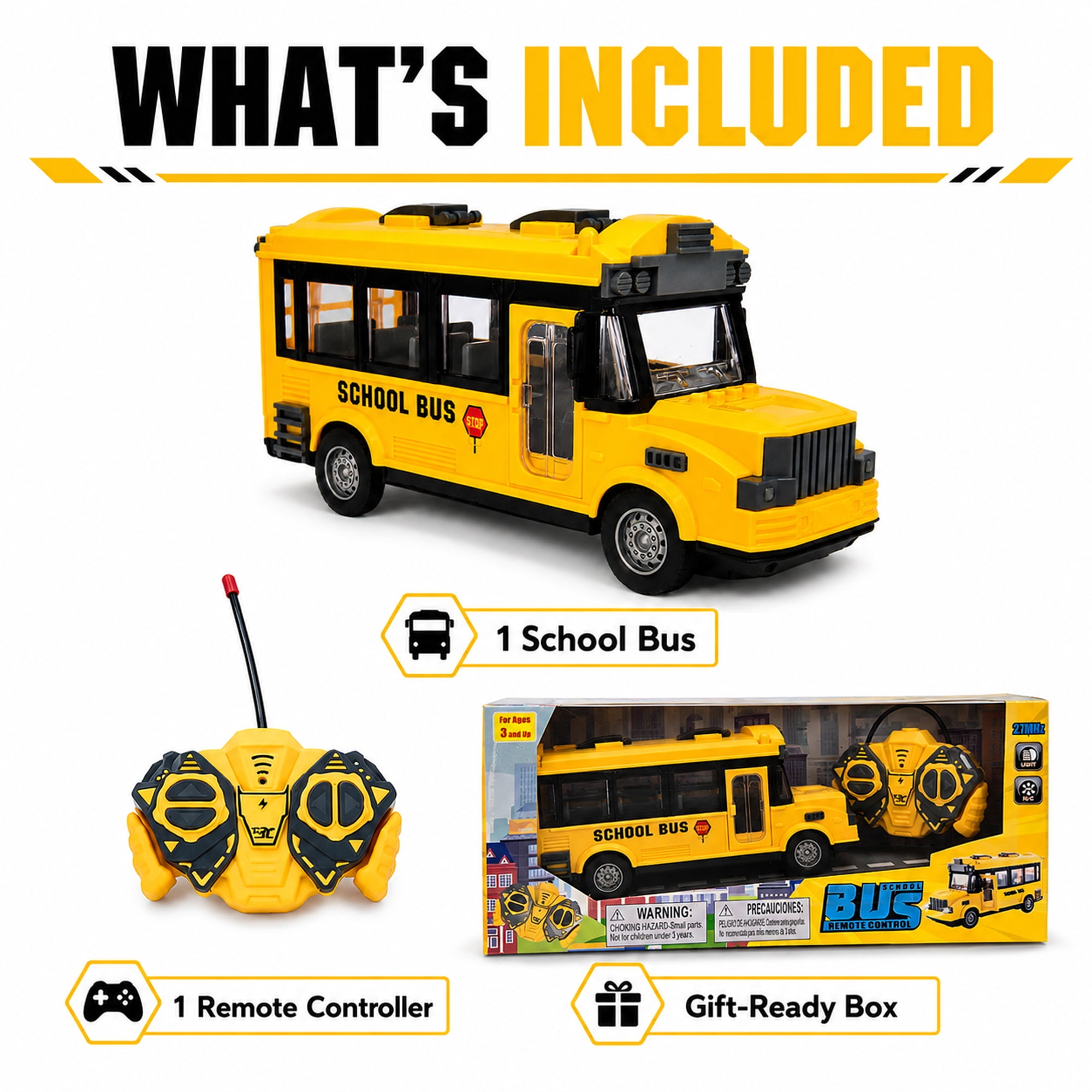 School Bus Toy with Remote Controller, Classic Yellow Bus Vehicle with Opening Door, City Bus Toy for Kids Ages 3+