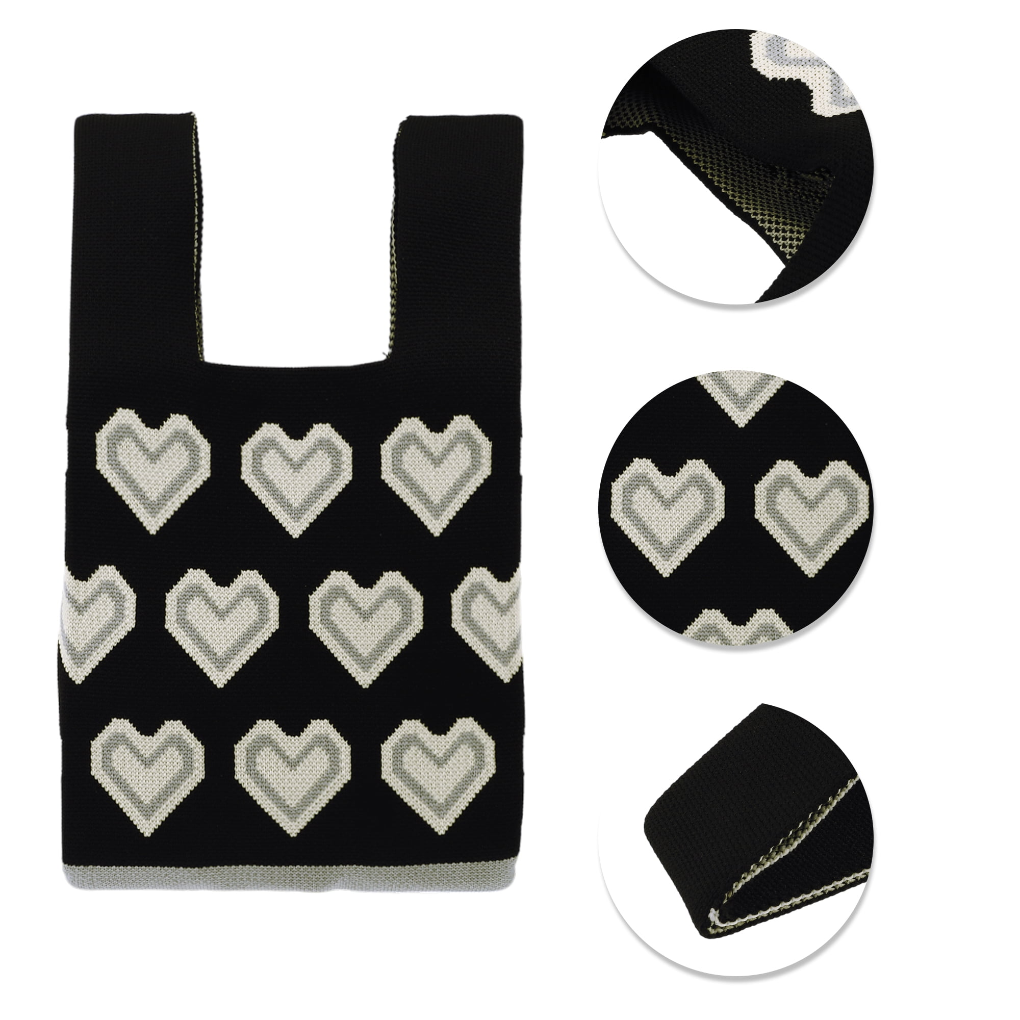 Unique Bargains Reusable Mesh Net Grocery Tote Bags Heart Shape Black Beige 14.17"x7.87"