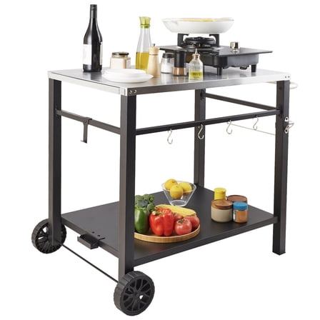 Portable Outdoor Grill Cart with Double-Shelf, Stainless Steel BBQ Prep Table on Wheels, Modular Worktable for Pizza Oven & Dining
