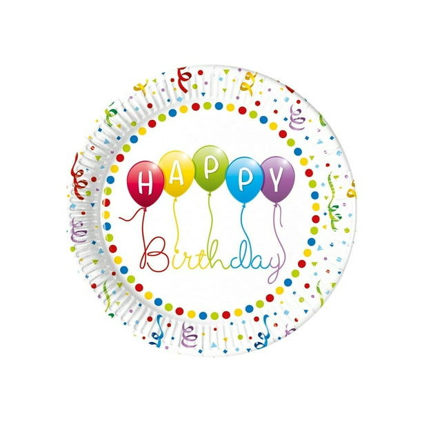 Procos - Platos Desechables Diseño Remolino Feliz Cumpleaños - Pack de 8 (Blanco, Multicolor)