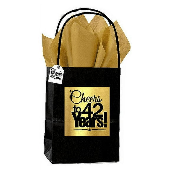 Black & Gold 42nd Birthday / Anniversary Cheers Themed Small Party Favor Gift Bags with Tags -12pack