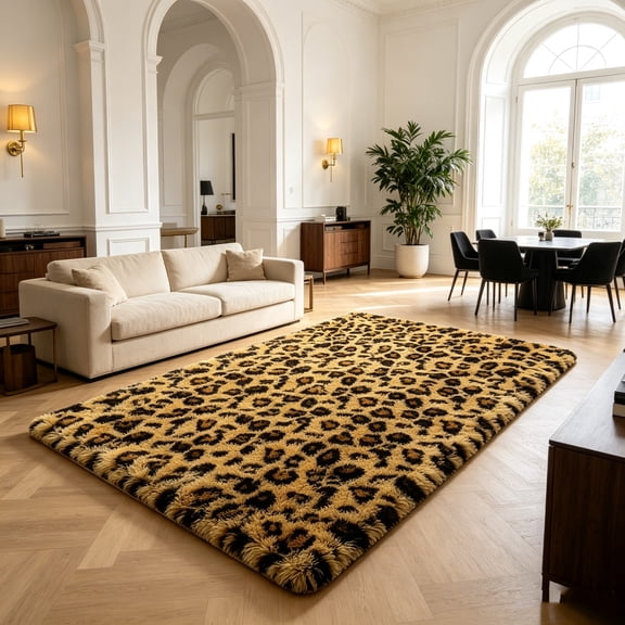 MUSICWAKER Khaki Wild Leopard Print Shag Area Rug, Fluffy Soft Indoor Decor Rug, Dot Non-Slip Backing, 6X9ft Rug for Living Room Bedroom Home Office Dorm