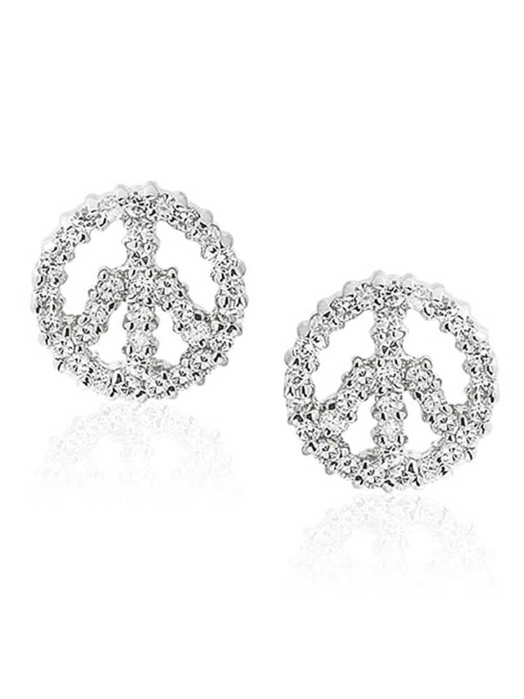 World Peace Out Sign Hippie Symbol Cubic Zirconia White CZ Stud Earrings For Women For Teen Silver Plated Brass