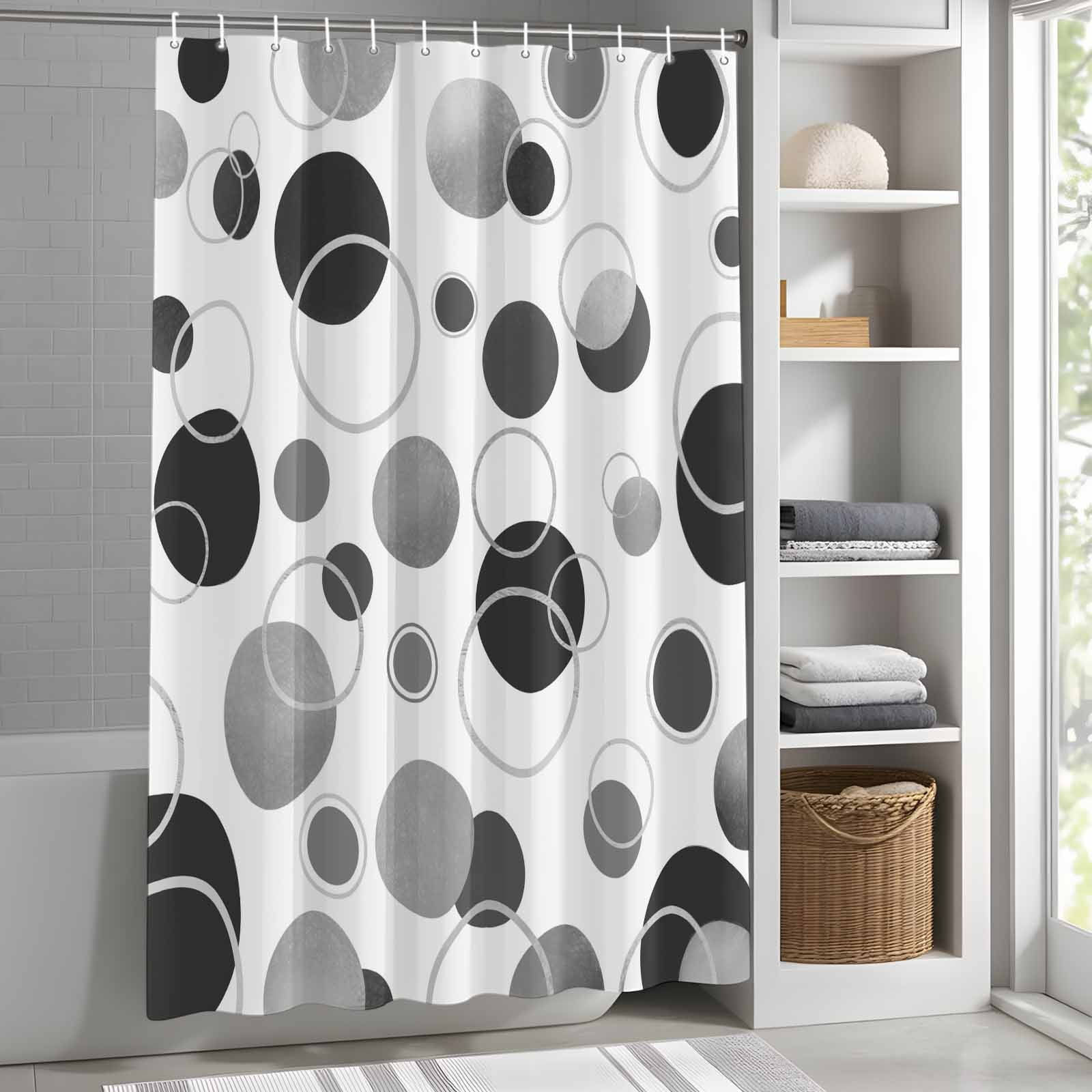 Grey Black Polka Dots Long Shower Curtain Set, Waterproof Shower Curtains for Bathroom, Modern Abstract Art Washable Fabric Cloth Bath Curtain for Bathtub Decoration with Hooks 72x84 Inches Geometric