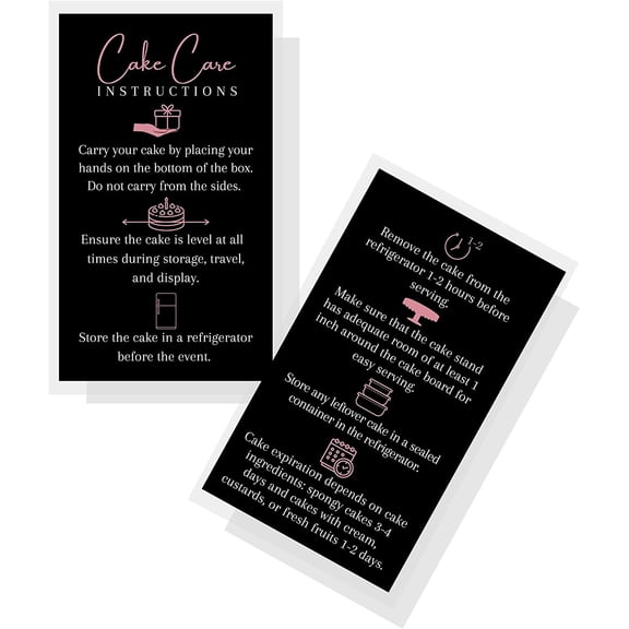 Cake Care Instruction Card  50 Pack  How to Properly Carry and Store Your Cake  Black with Rosey Pink Design