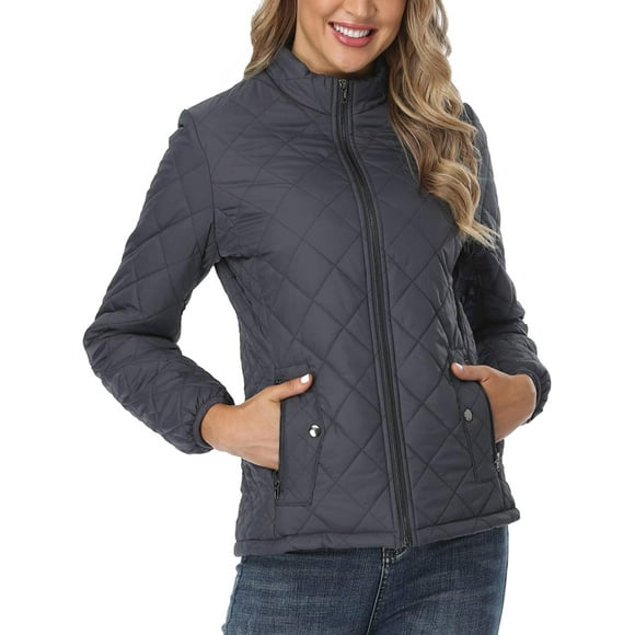 Fashnice Ladies Quilted Jackets Long Sleeve Coat Zip Up Outerwear Thermal Work Coats Dark Gray XL
