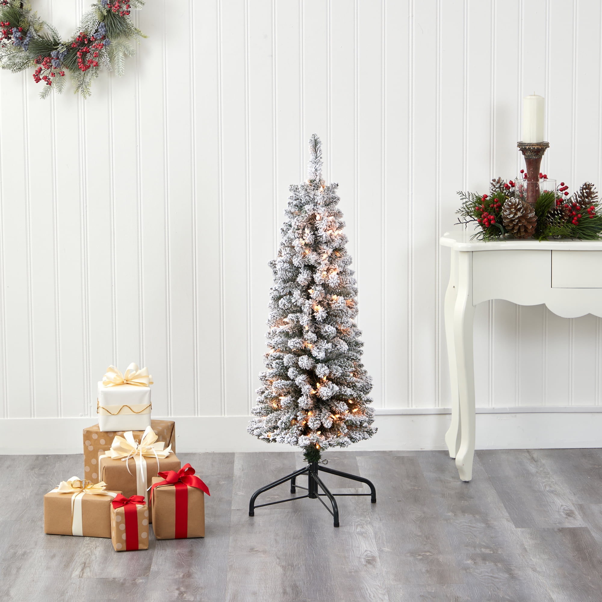 4ft. Flocked Pencil Artificial Christmas Tree with 100 Clear Lights and 216 Bendable Branches 