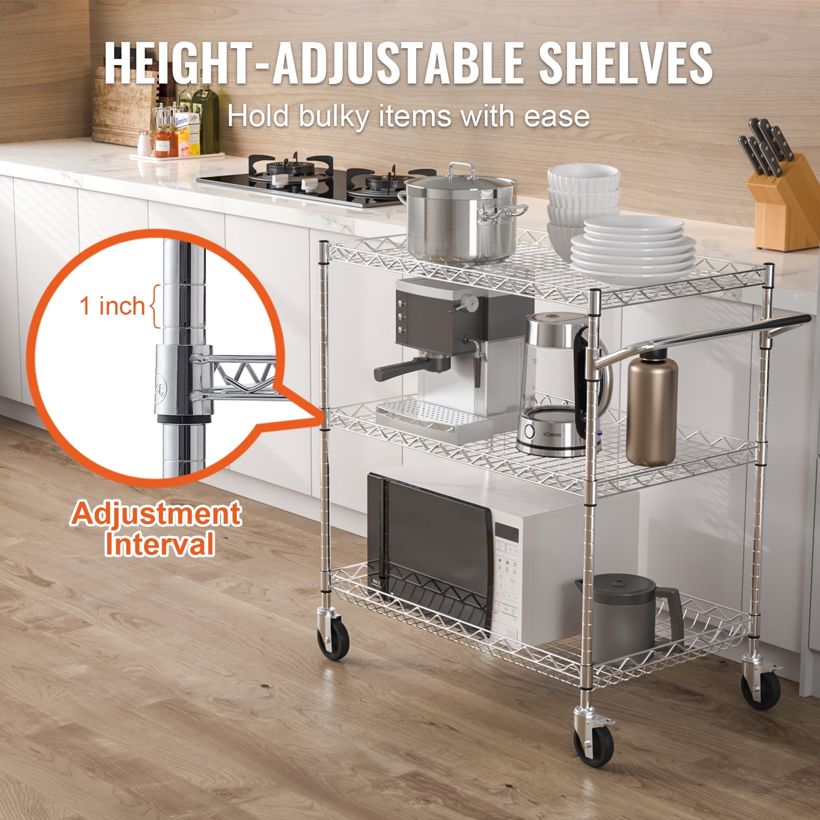 KFFKFF 3-Level Kitchen Cart, Wire Rollable Cart with a Load Capacity of 661LBS, Steel-Made Mobile Service Cart, Metallic Storage Trolley featuring 80mm Deep Basket, Curved Handle, 6 Hooks
