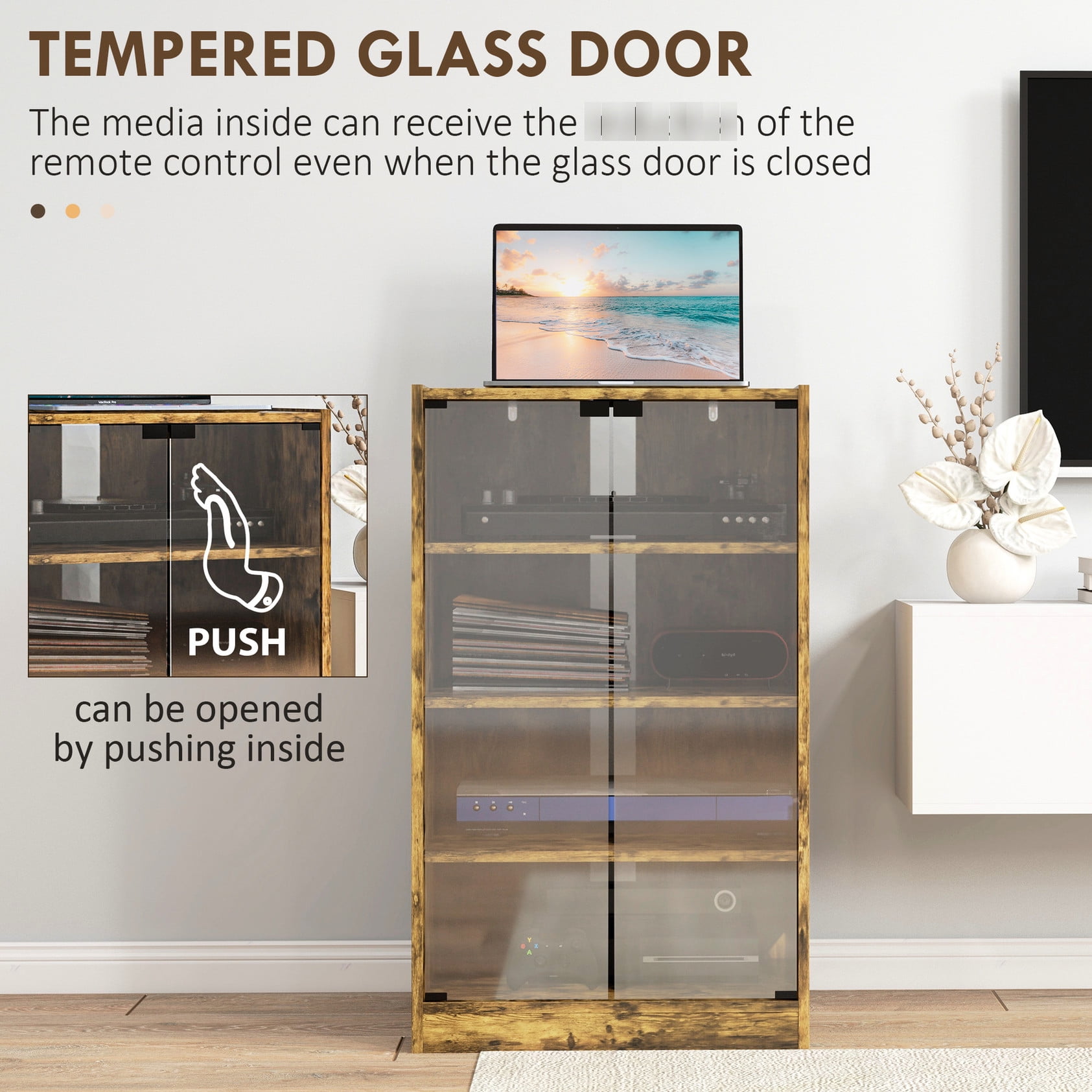 Cable Management & Glass Door Design - Organized Media Storage with Signal Transmission