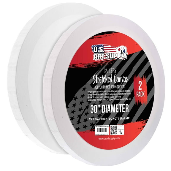 U.S. Art Supply 30 inch Diameter Round Gallery Depth 1-1/2" Profile Stretched Canvas 2-Pack - Acrylic Gesso Triple Primed 12-ounce 100% Cotton Acid-Free Back Stapled Pouring Art