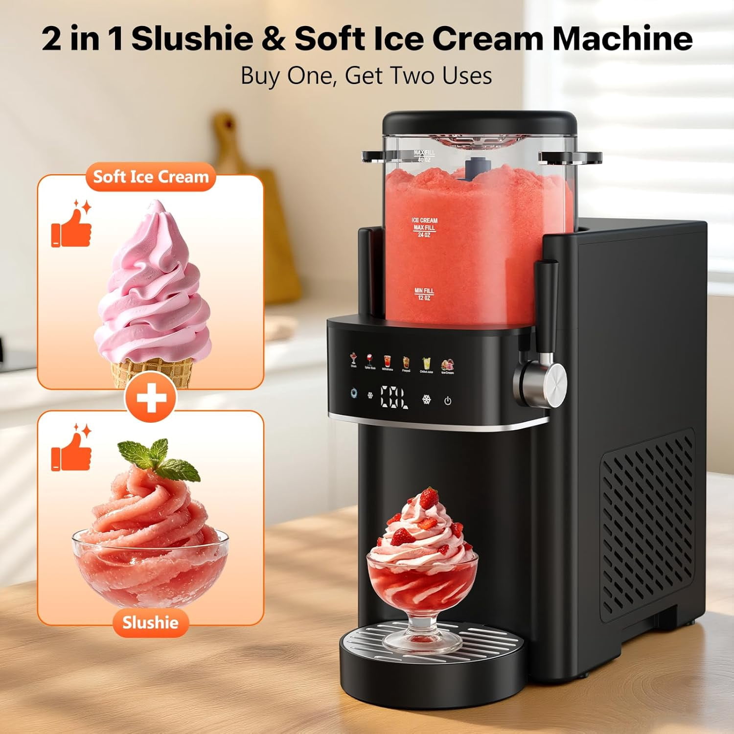 Slushie Machine, Electric Ice Cream Maker with Rapid Cooling & Temperature Control, Multi-functional Frozen Drink Maker for Margarita Frappe Cocktail, Easy Clean Household Slushy Maker Black