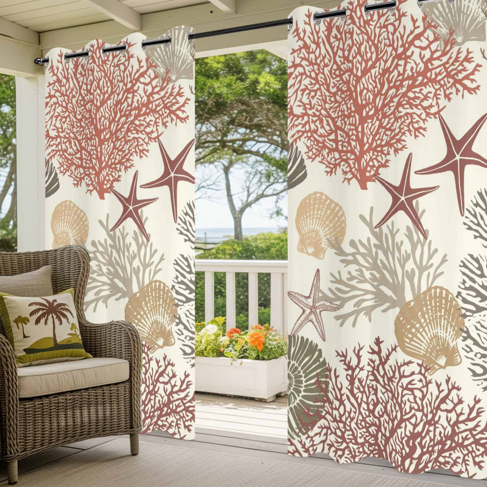 Summer Marine Life Outdoor Curtains for Patio, Ocean Coral Conch Silhouette Graffiti Starfish Sunshade Privacy Drapes Grommet Waterproof Outside Curtains for Porch/Cabana/Balcony 54"x 108", 1 Panel