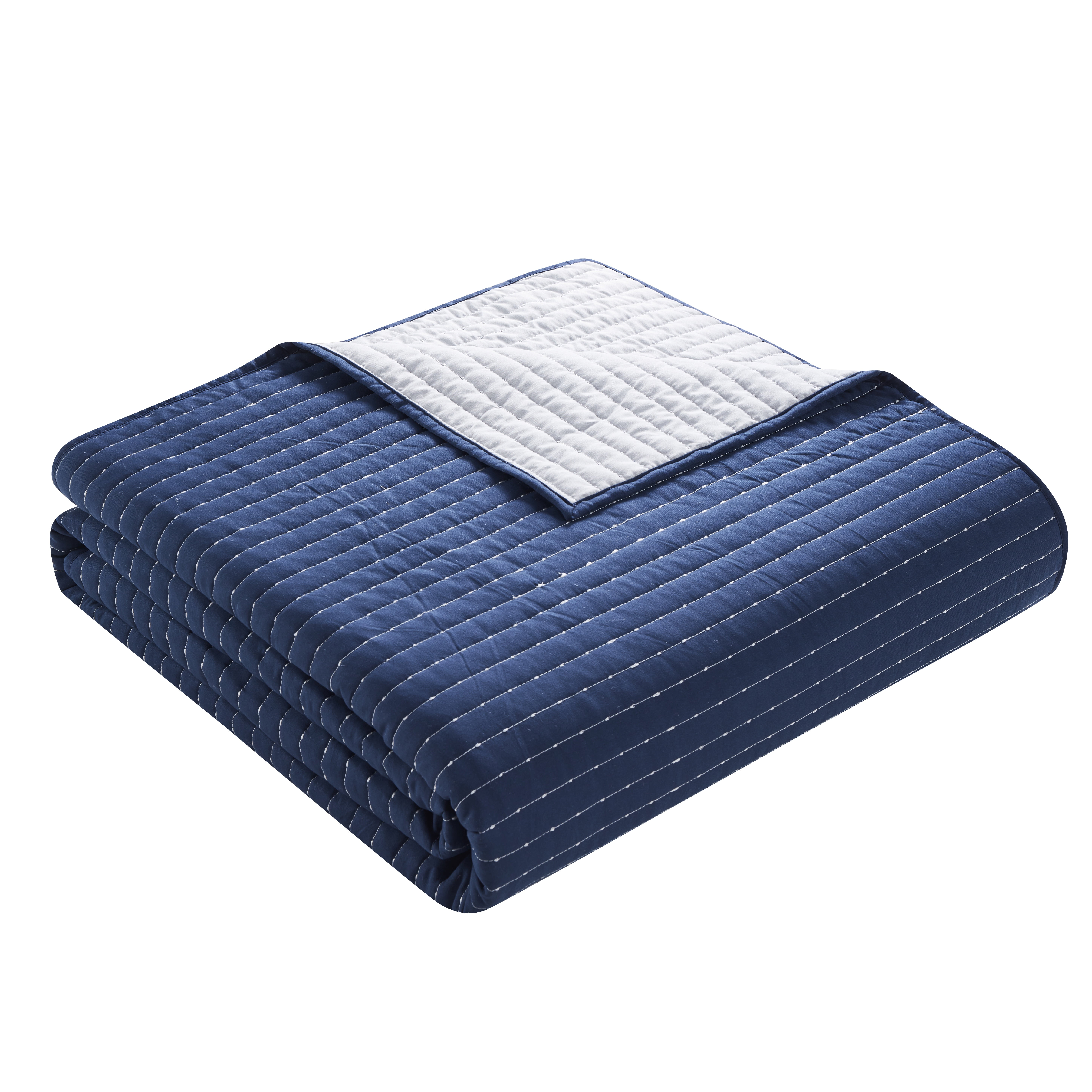 VCNY Home Embroidered 3-Piece Blue Pick Stitch Microfiber Quilt Set, King