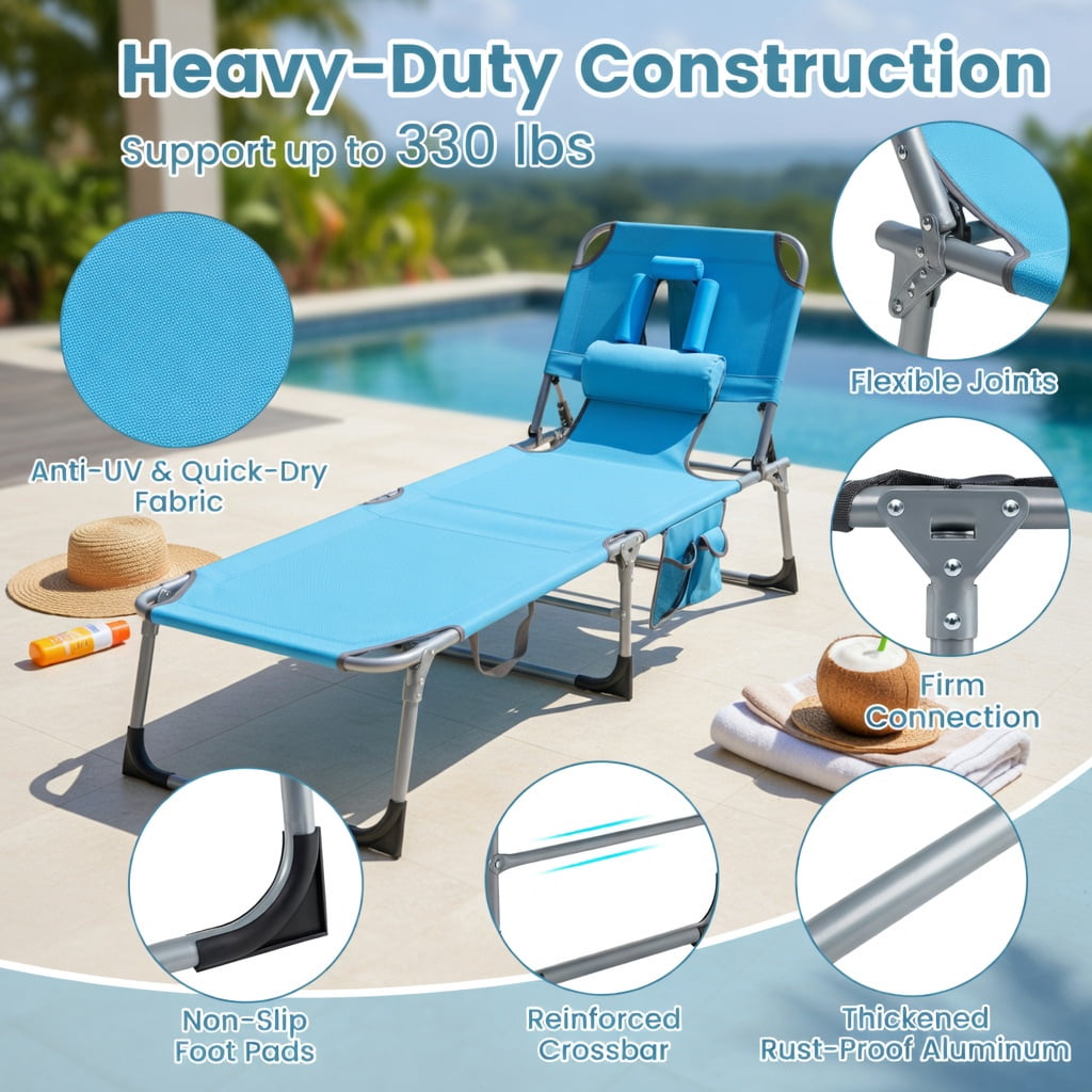 Hommoo Foldable Tanning Chair with Face & Arm Holes, Adjustable Reclining Sun Lounger for Beach, Pool, Patio, Navy