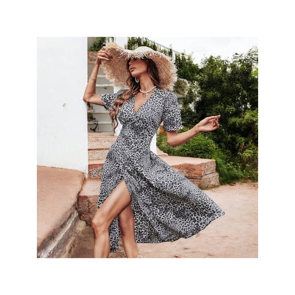 Women's V-Neck Leopard Print Midi Dress with Short Sleeves and Waist Tie- Large, Black